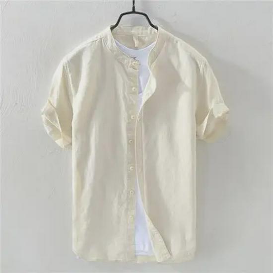 Authentic Chinese Style Men's Short-Sleeve Linen Shirt - Large Size, Quick-Dry, Casual Cotton Blend
