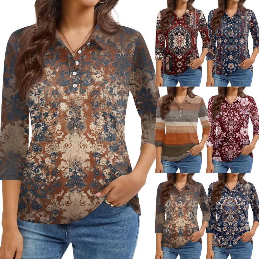 Women's Fashion Casual Lapel Short 3/4 Sleeve Print Shirt Women's Button Up Tops