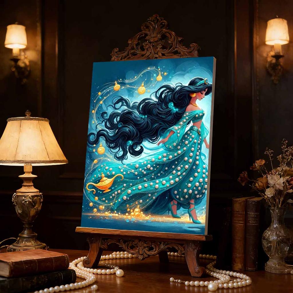 Classic Princess Jasmine Turquoise Pearl Dress Pearl Art Painting Aladdin Golden Magic Lamp Magic Light Belt Pearl Inlaid Frameless Craft Painting