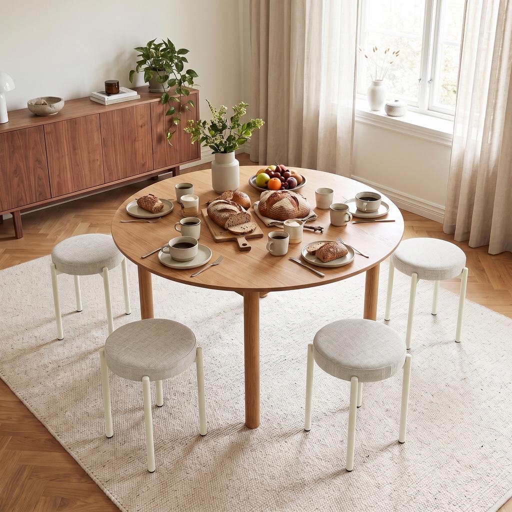 Stackable Stools, Set of 4, Round, Padded Seat, No Backrest, 45 x 45 x 47.5 cm, Cream