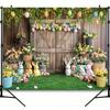 Happy Easter Backdrop Photography AI Scene Wooden House Flowers Rabbit Bunny Eggs Birthday Party Decor Baby Shower Background