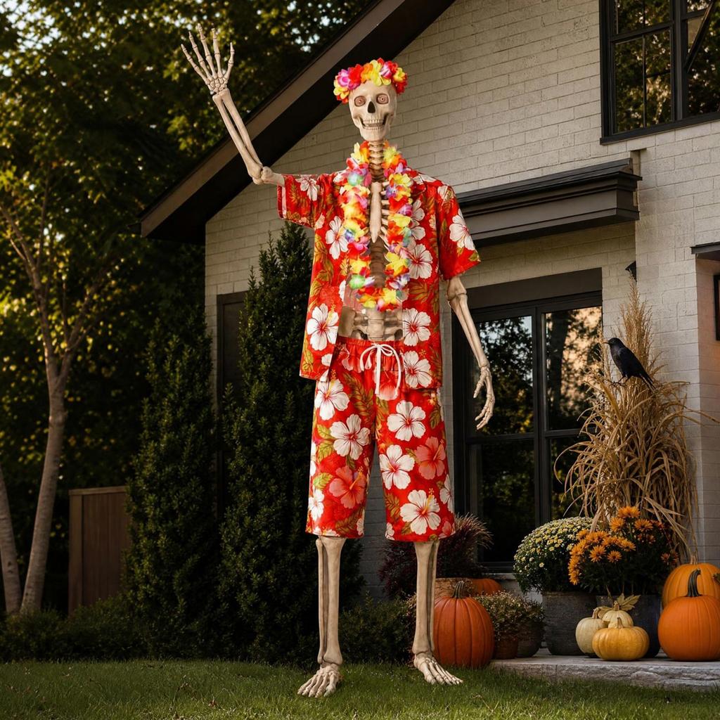 Skelett Kostüm Set mit rotem Urlaubshemd, Halloween Skelett Umhang und großen Skelett Dekorationen für den Außenbereich