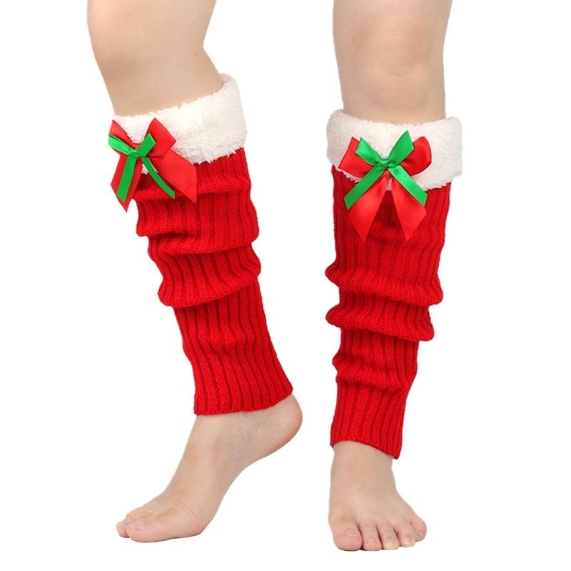 Ribbed Knitted Christmas Boot Cuffs for Women Sweet Bowknot Festival Plush Trim Leg Warmers Calf Socks for Cold Weather