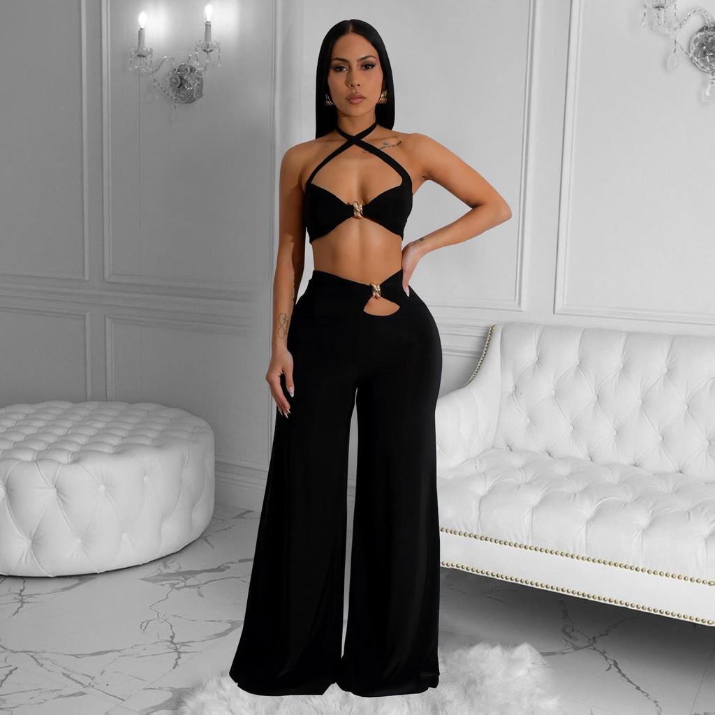 C7236 Women's Fashion Solid Color Strapless Long Pants Two-Piece Set