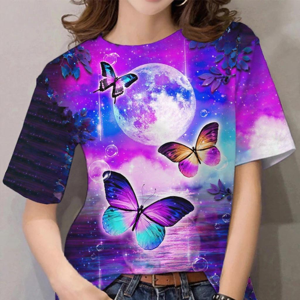 Summer Round Neck Butterfly Pattern 3D Print Top Fashionable Casual Short Sleeved Women's T-shirts