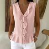 Women's Sleeveless V Neck Ruffle Front Tie Blouse Solid Color Peplum Hem Casual Summer Tank Top