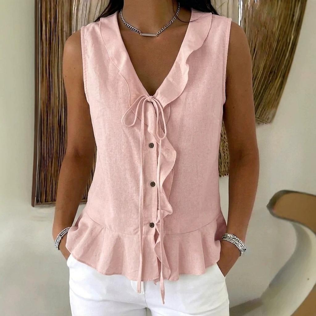 Women's Sleeveless V Neck Ruffle Front Tie Blouse Solid Color Peplum Hem Casual Summer Tank Top