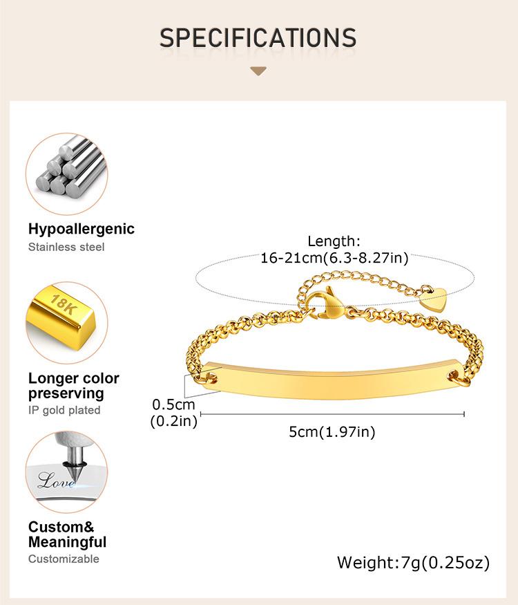 Personalized Name Bar Bracelet for women,Engraved Stainless Steel ID Bracelets, free engraving love gift