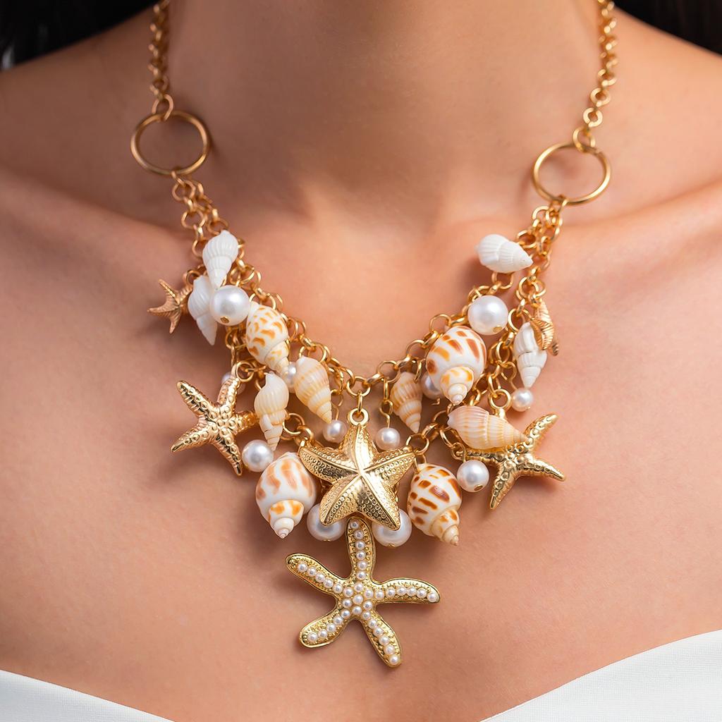 Boho Ocean Starfish Conch Tassel Pendant Choker Necklace Chain Bracelet Summer Beach Vacation Jewelry Set Gift