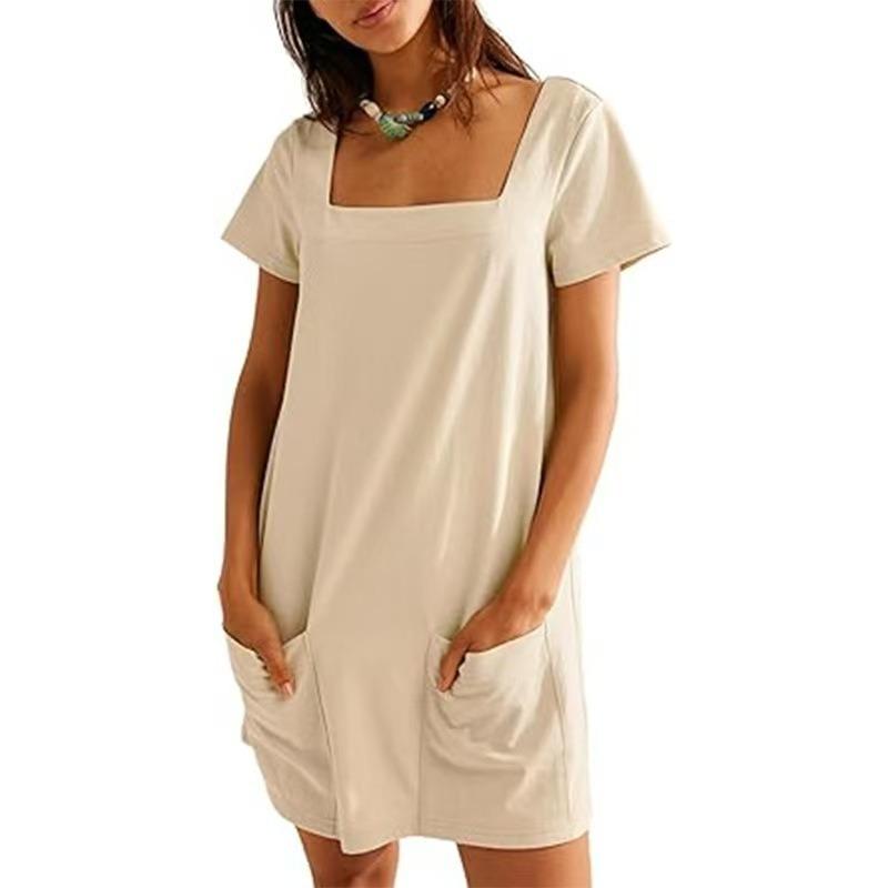 Women's Square-neck Short-sleeved Fashionable Short Skirt Pocket Casual Dress