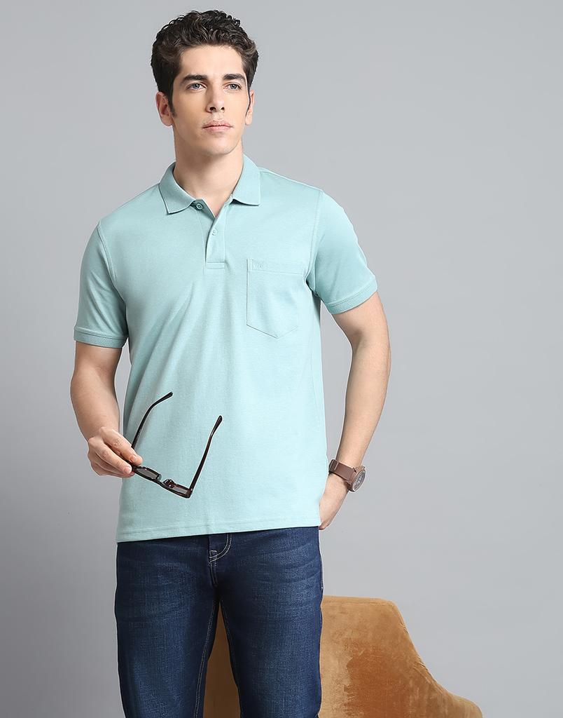 MONTE CARLO Mens Solid Green Collar Neck Half Sleeve T-Shirt