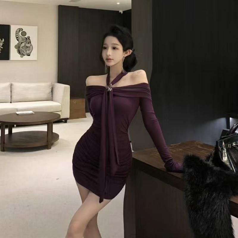 One-word Shoulder Purple Neck Hanging Long-sleeved Dress Women's Autumn Slim-fitting Waist Skirt Pure Desire Wind Tight Hip-wrapped Short Skirt