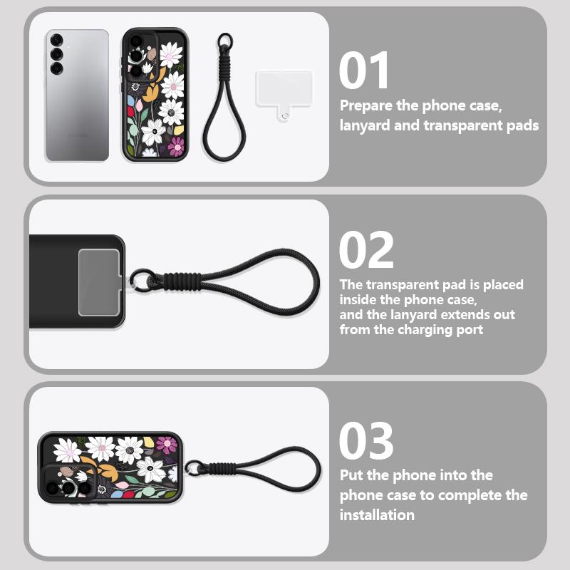 Flowers Patterned Phone Case For Samsung Galaxy S26 S25 S24 Ultra S23 S25 FE A57 A37 A17 A56 A16 A55 A54 A15 Wrist Lanyard Cover