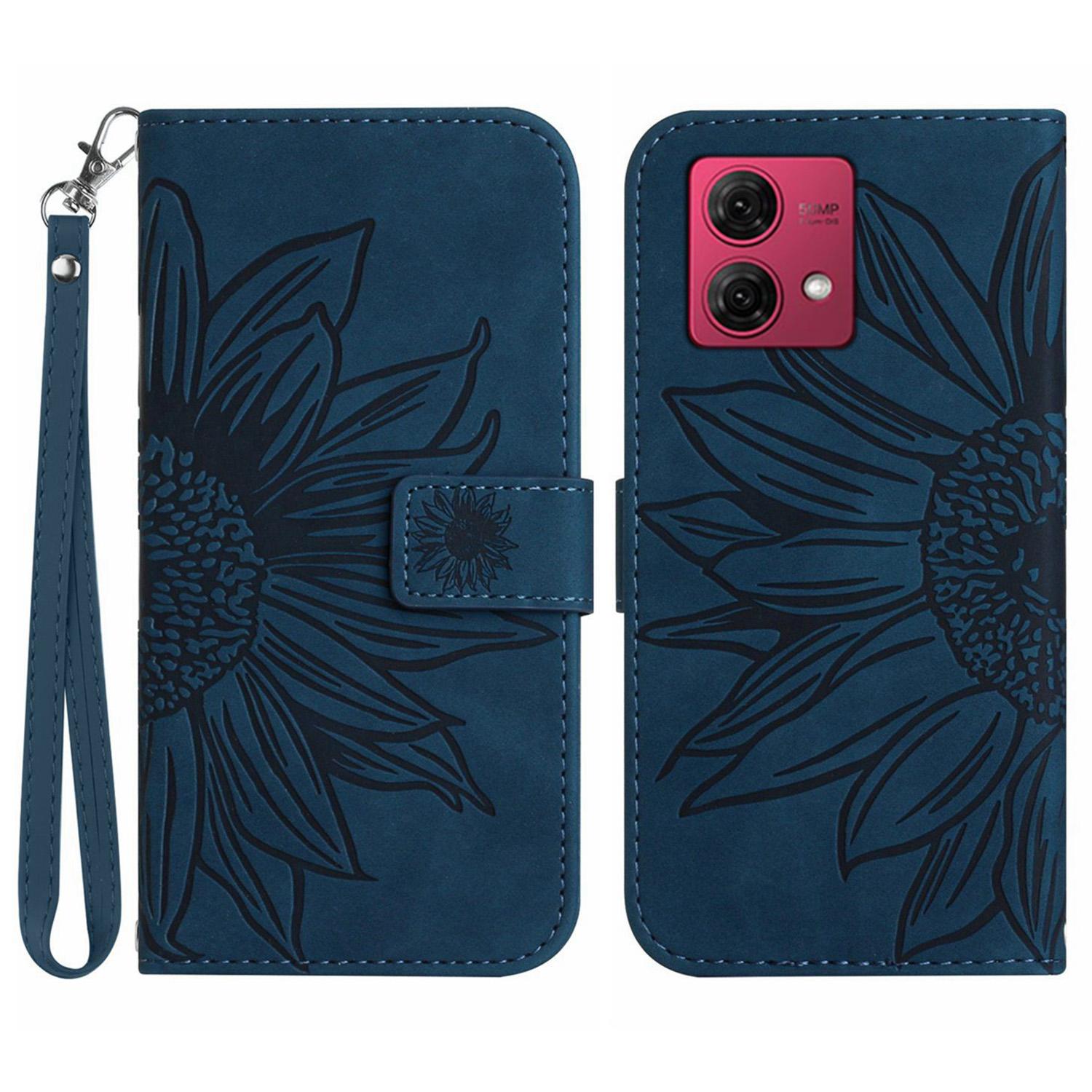 

HT04 For Motorola Moto G84 5G Sunflower Imprinted Wallet Case Stand PU Leather Flip Phone Case with Hand Strap Dark Blue