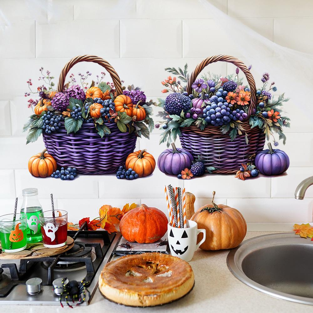 Flowers Halloween Pumpkin Fruit Basket Glass Showcase Home Decor Stickers Wall