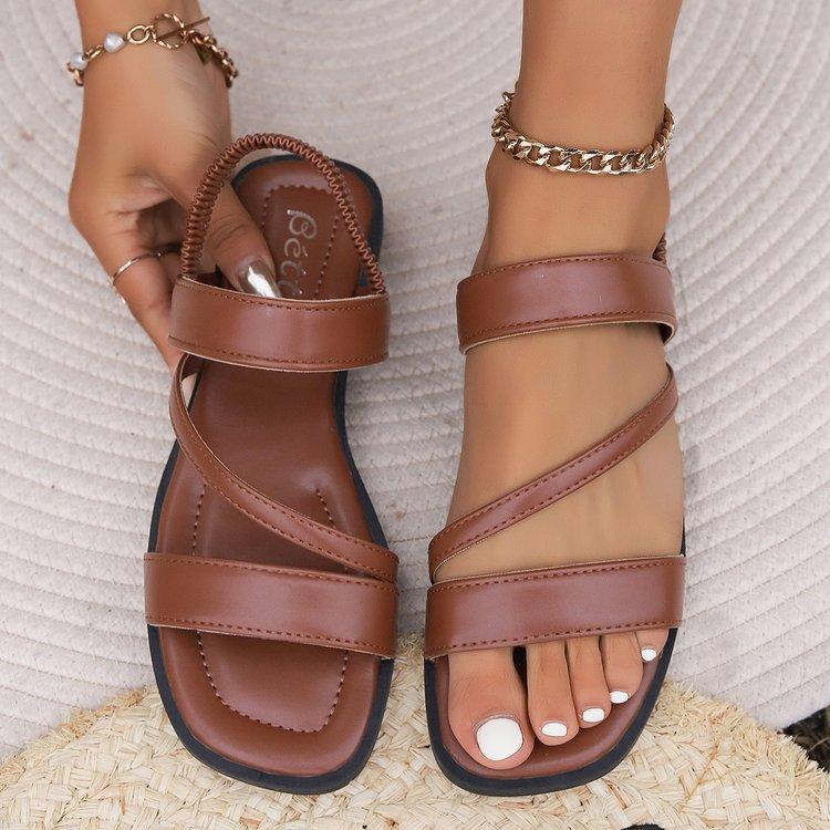 Fashion Roman Flat Shoes Women’s Fashion Leather Strap Square Toe Low Heels Sandals Women Casual Shoes Summer Outwear Sandals Size35 43