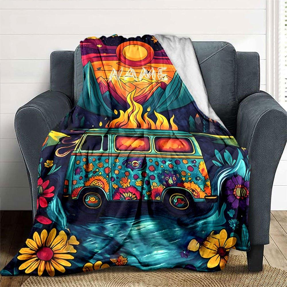 Vibrant Hippie Van And Mountain Landscape Home Customize Your Name Blankets Soft And Cozy Lightweight For Yearround Use Perfect For Picnics Sofa
