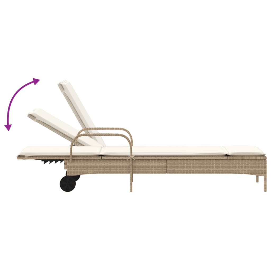 Sun Lounger with Wheels and Cushion Beige Poly Rattan