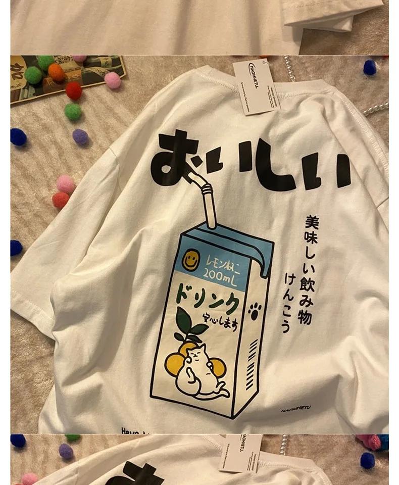 

Cotton Loose Retro Shortsleeved Tshirt Womens 2024 Summer New Korean Version Cartoon Print Top M