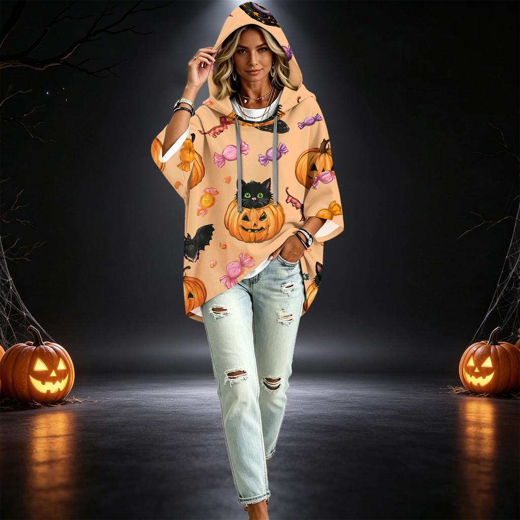 Women's Halloween Printed Hooded Pullover Top with 3/4 Sleeves for Casual Everyday Wear