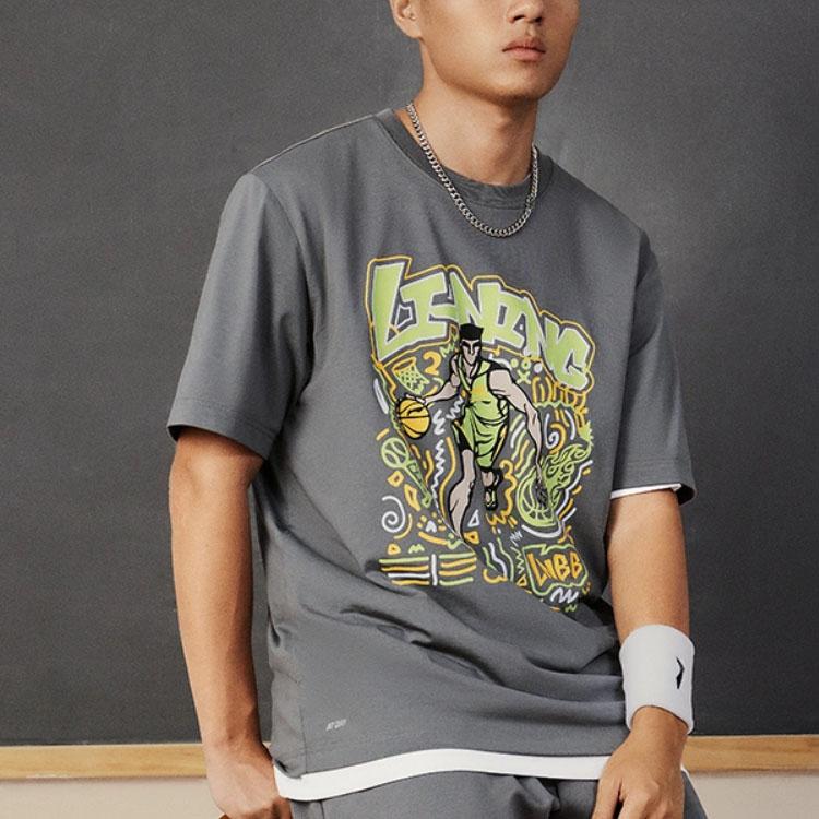 Li-Ning Sports Life Series Printed Letter Crew Neck Short Sleeve T-Shirt Men Tops Lead-Gray AHST569-3