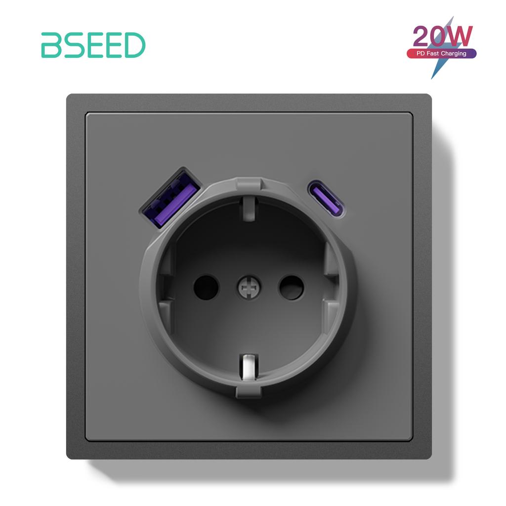 BSEED EU Large Button Wall Switches 1/2Gang 2Way 16A Wall Power Sockets Dual USB Phone Charge Port 5V Gray Home E-Series