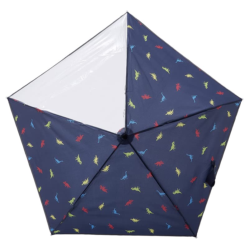 Estaa Kids Folding Umbrella with Transparent Window Umbrella Windproof for Children Boys Dinosaur Reflective Tape Reflective Finger Resistant Rib 50cm