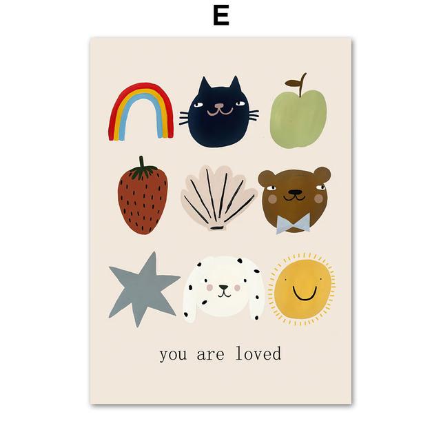 Dog Goose Rabbit Bear Fox Mouse Wildflower Cartoon Poster Wall Art Canvas Painting And Prints Wall Pictures Baby Kids Room Decor (with frame)