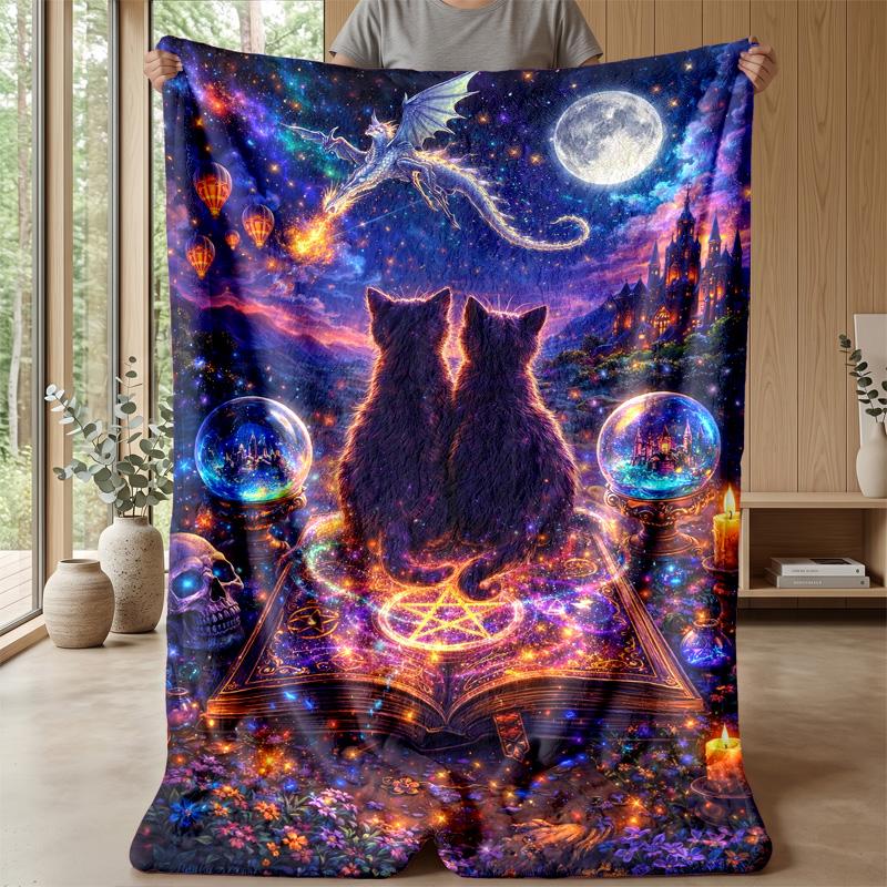 Mystic Flame Cat Guardian Theme Blanket Lightweight Warm Flannel Blanket Decorative Throw Blanket for Home Decoration