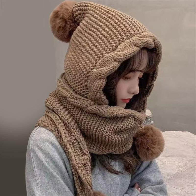 Knitted Scarf Hat with Pompoms Ball and EarFlaps Soft Pullover Hat Winter Accessory Unisex Headwear for Outdoor Activity
