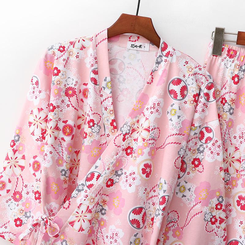Pink Japanese kimono tether seven-quarter sleeve trousers loose cotton home pajamas set female spring and autumn girl thin