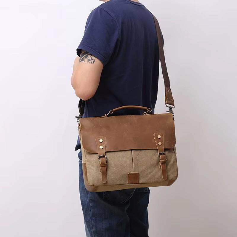 Casual Canvas With Leather Briefcase Men Messenger Bag Flap Pocket Handheld Shoulder Crossbody Bag Business Office Laptop Bags