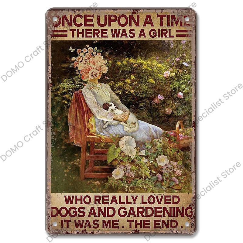 Gartenplaketten, Vintage-Metallblechschilder, Katze, Hund, Sonnenblumen, Mädchen, Metallplatte, Blumenladen, Herrenhaus, Wohnzimmer-Wanddekoration