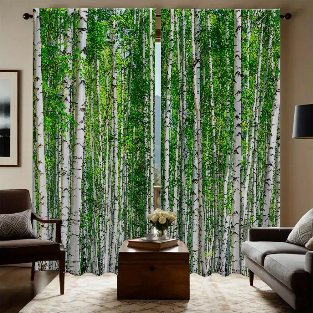 2PC Home Birch Forest Curtains With Landscape Background And Pole Pocket Curtains, Kitchen, Coffee Shop, Living Room