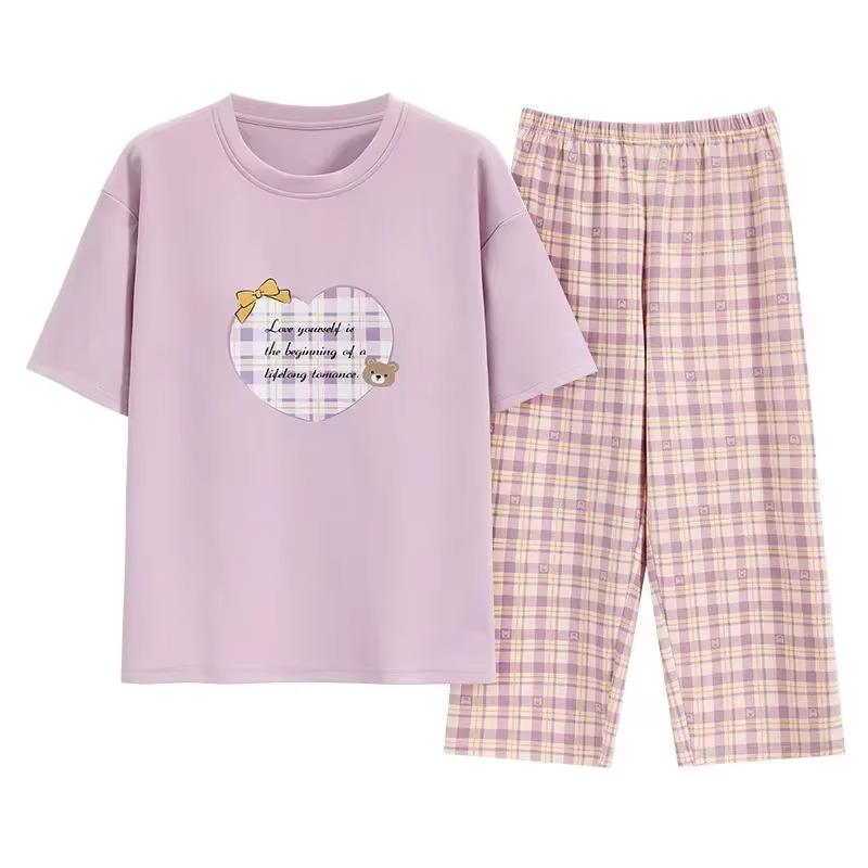 Baumwollpyjama mit Brustpolstern Damen Kurzarm Hose Übergröße Student Loungewear 2-teiliges Set Damen Nachtwäsche Hauskleidung