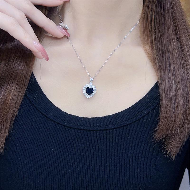 Women's Light Luxury Sapphire Heart Pendant Clavicle Chain with Colored Gemstones and Full Diamond Inlay - New European & American Style.