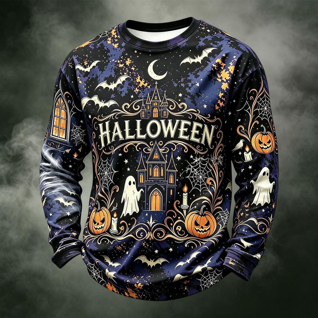 Men's Casual Knit Long Sleeve Neck T-Shirt with Halloween Print