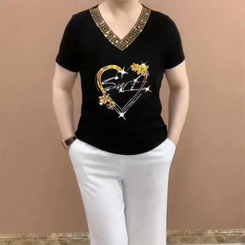 Sommer Lässige Mode Diamanten Kurzarm T-Shirt Damen Schlank All-Match Pullover Tee Damen Harajuku Y2K Street Wear V-Ausschnitt Top