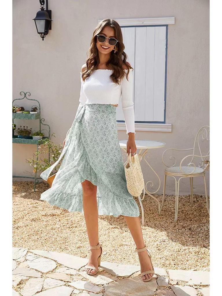 Women's Chiffon Floral Print Irregular Tie-Up Slit Half-Skirt