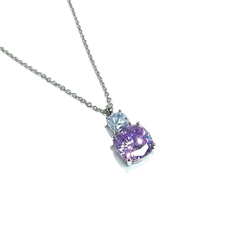 Ice Flower Cut Purple Stone Square Pendant, High-Grade Pink Diamond Quadrilateral High Carbon Diamond Super Flash Necklace, Female