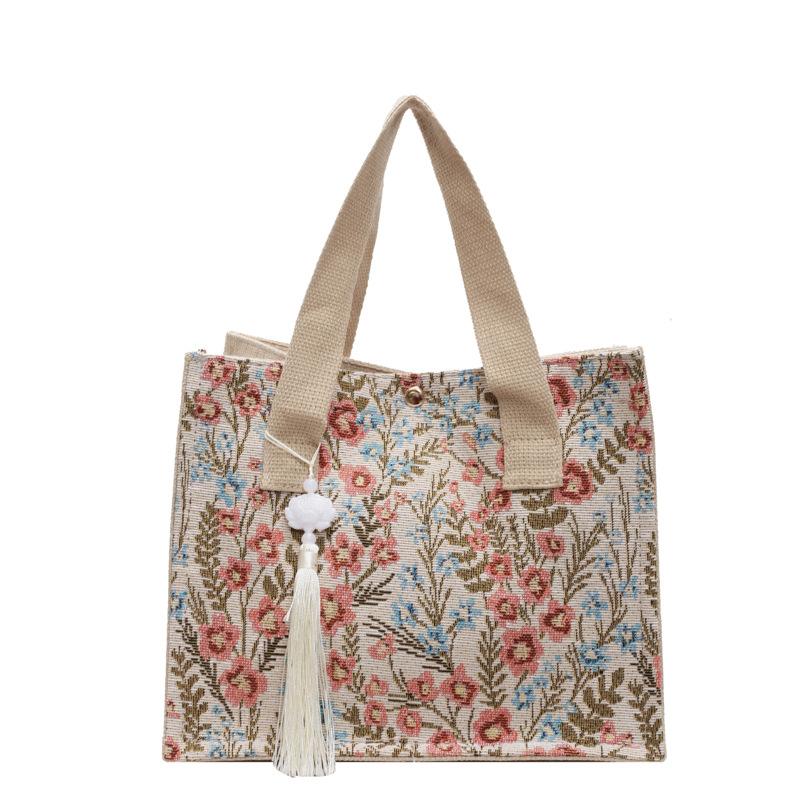 Geantă Florală de Mare Capacitate pentru Femei Geantă Nouă de Depozitare pentru Femei Ins La Modă și Versatilă Geantă de Mână de Pânză cu Un Umăr pentru Femei