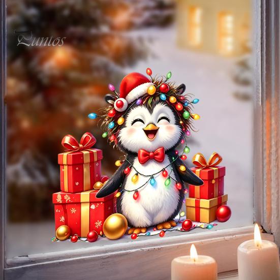 Holiday Scene Setting Decals Christmas Spotted Puppy/Penguin Static Window Sticker, Cute Watercolor Animal Glass Stickers with Colorful Lights & Gift