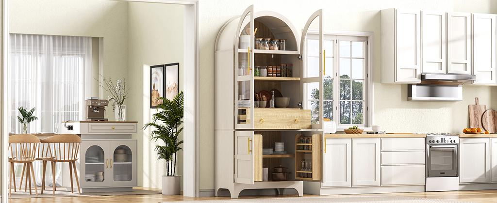 Highboard with Adjustable Shelves and Drawer, with Fluted Glass and Large Storage Space, Ideal for Dining Room, Living Room and Kitchen (white)