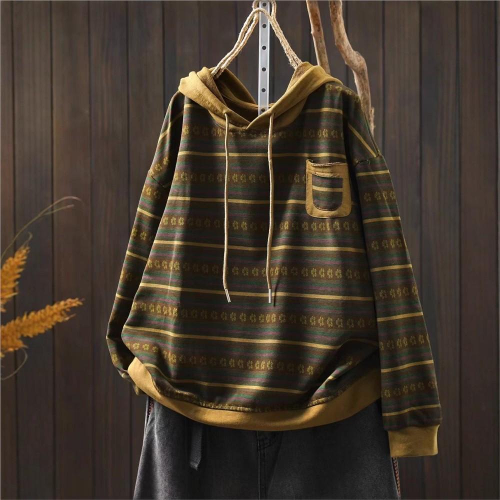 Johnature Women Pullover Hooded Striped Long Sleeve  Autumn Patchwork Pockets Casual Loose T-Shirts