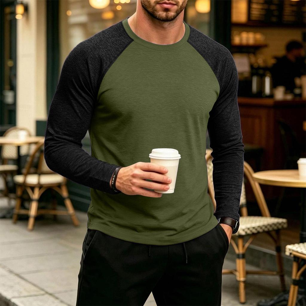 Men's Long Sleeve Color Block T-Shirt Round Neck Casual Basic Top