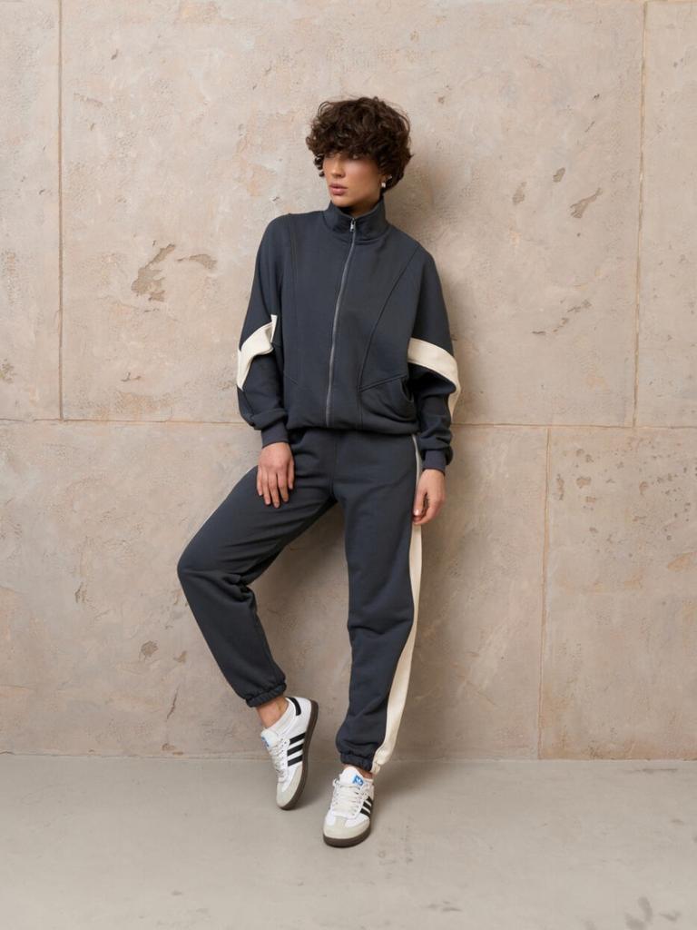 Contrast color splicing casual sweater women's stand-up collar zipper jacket side strip drawstring sweatpants two-piece set