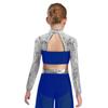 Mädchen Rollkragen Langarm Pailletten Strass Crop Top Cutout Rücken Druckknopf Tanz Top