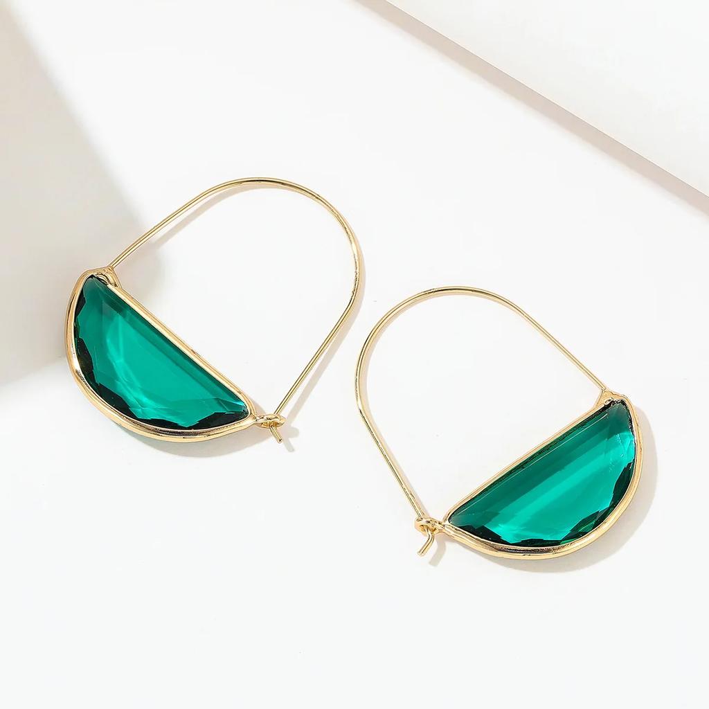 Vintage Semi Circle Boho Earrings Womens Ancient Gold Plated Metal Geometry Green Crystal Glass Dangle Earrings