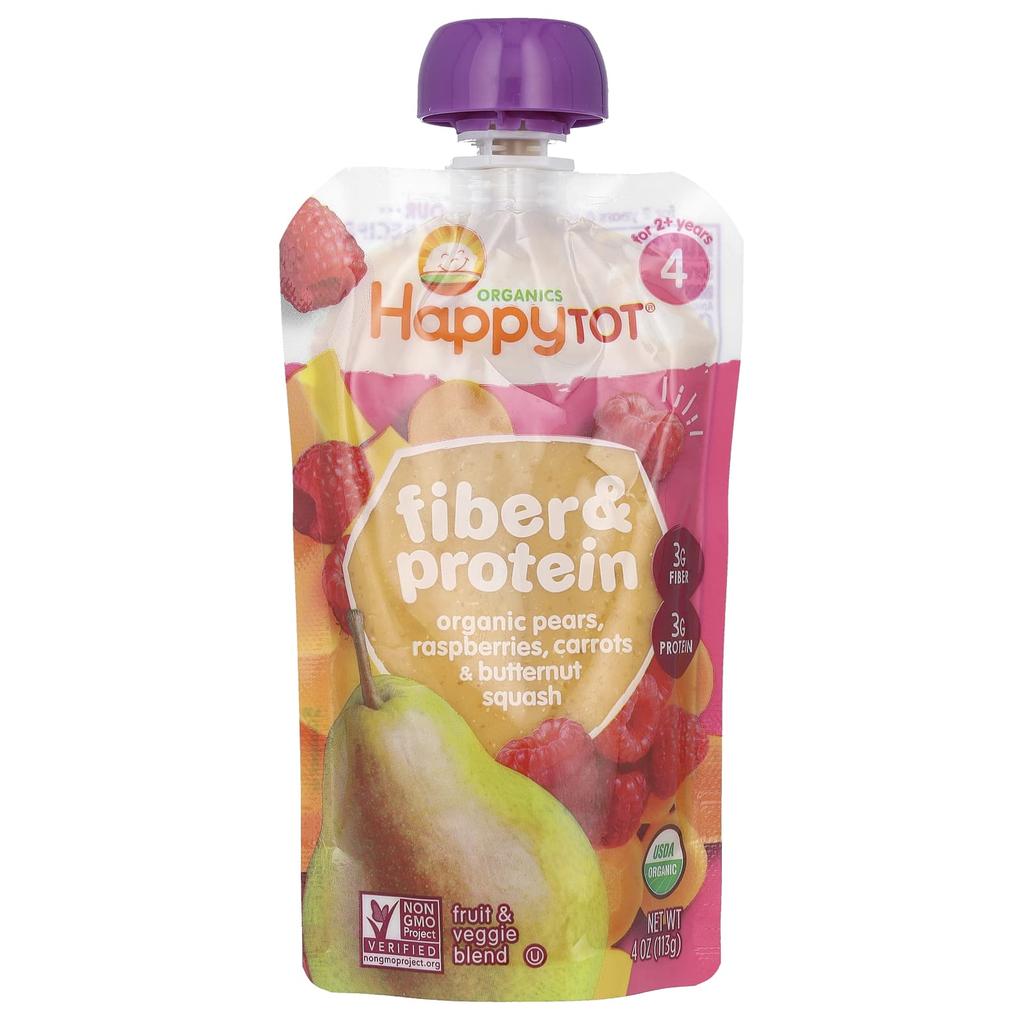 Happy Family Organics, Happy Tot, Fiber & Protein, 2+ Years Old, Organic Pear, Raspberry, Carrot and Butternut Squash, 4 oz (113 g)