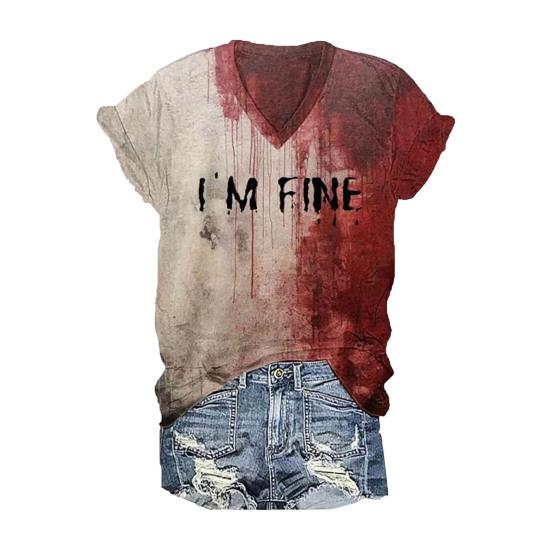 Halloween Blood Shirt Digital Print Blood Stains Text Tee Shirt Women V-neck Tops Casual Wear Funny Horror Clothes
